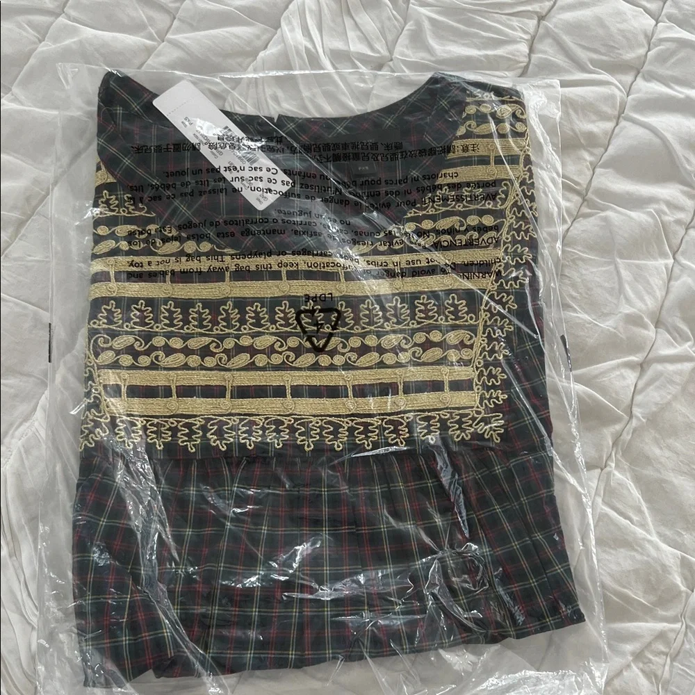 NWT J.Crew Embroidered in Gold Holiday Plaid Peasant Blouse Top PXS